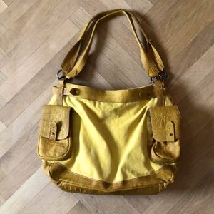 Yellow leather & canvas tote bag.